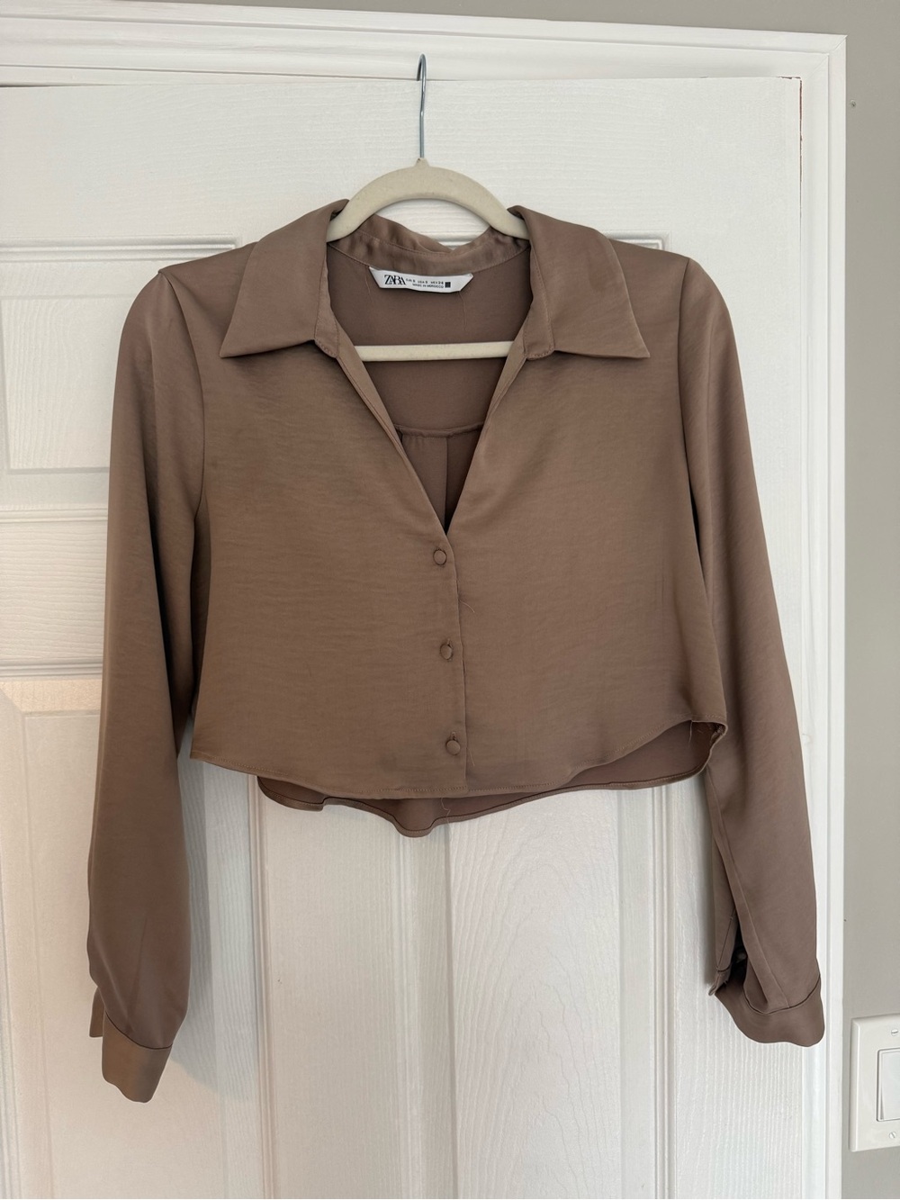 Zara Cropped Button-Down Shirt in Taupe Brown